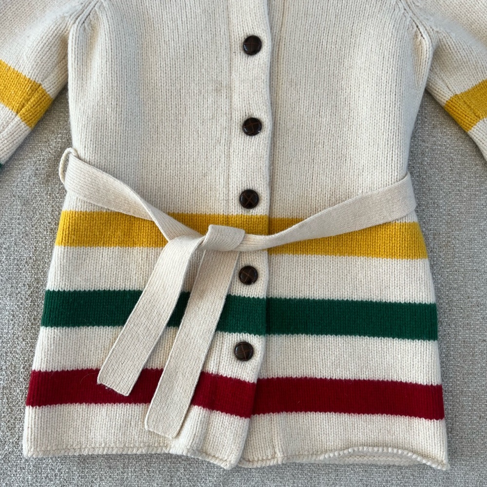 Liz Claiborne Vtg lambs wool blend tie waist sweater, Hudson Bay stripe design - Picture 5 of 16
